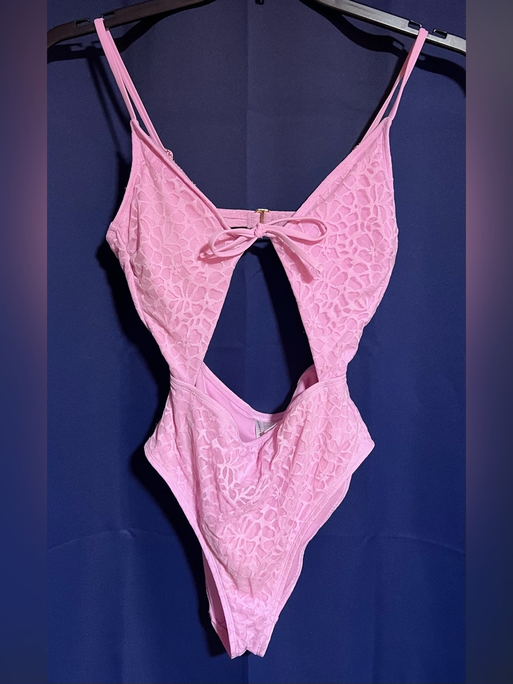 Celebrity Pink Lace Cutout One-Piece Swimsuit in Light Pink